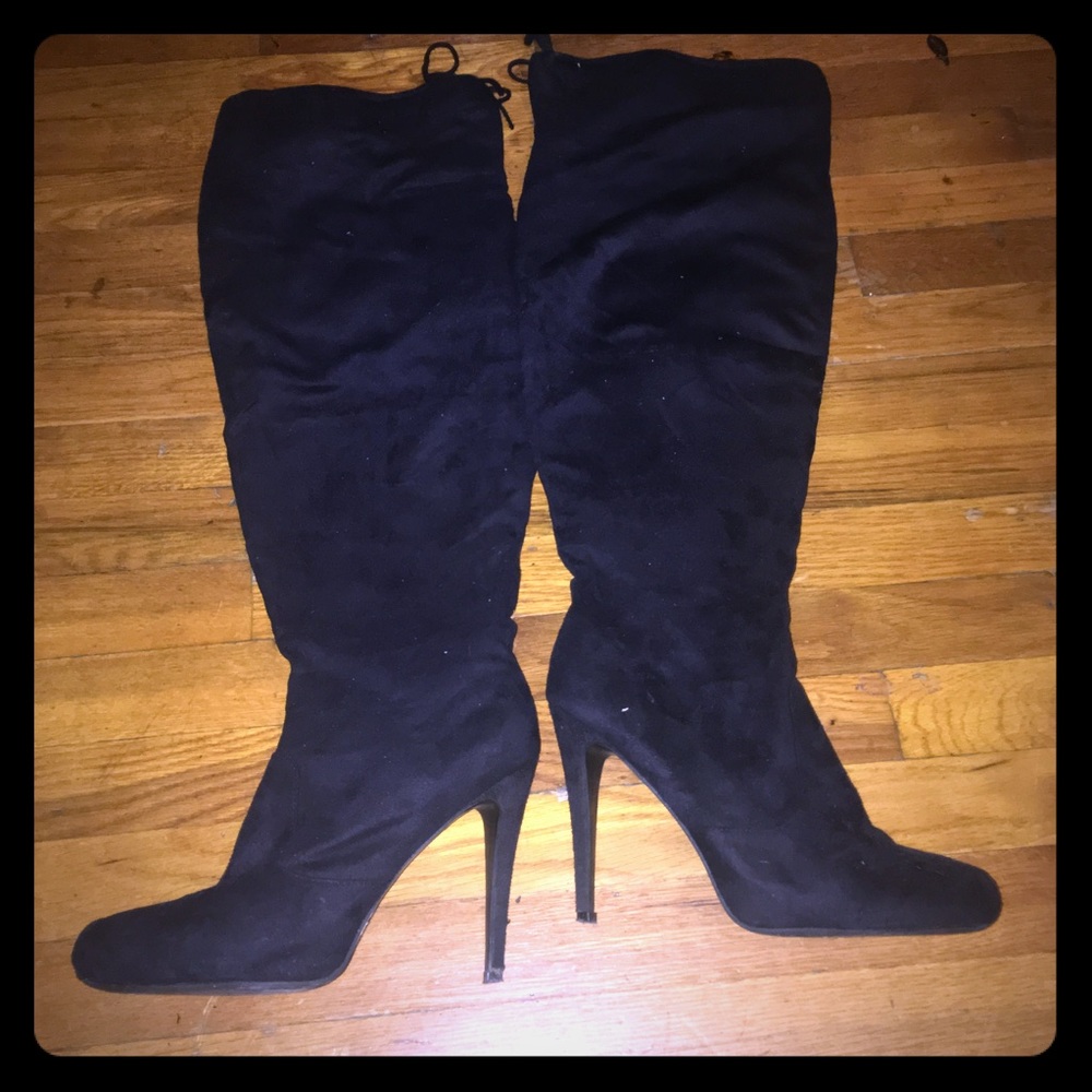 Navy suede heeled over the knee boots (wide calf)